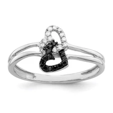Sterling Silver Rhodium-plated Black and White Diamond Double Heart Ring Size 7