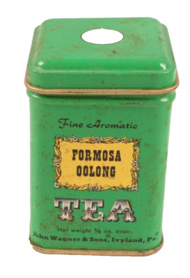 John Wagner & Sons Formosa Oolong Tea Green Tin Can 5/8 oz Vintage 2 1/2'' Empty