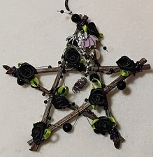 Cherry wood pentacle, black rose, bat, amethyst, valentine/gift/pagan/protection