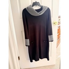 NWT JH Women's Black Cowl Neck Sweater Dress w. Chevron Cuffs & Neck Orig $79 LG
