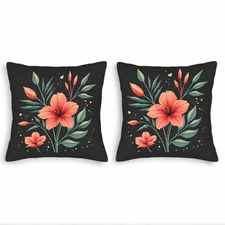 Set of 2 Decorative Throw Pillow Covers 18x18in - Black Floral Design 