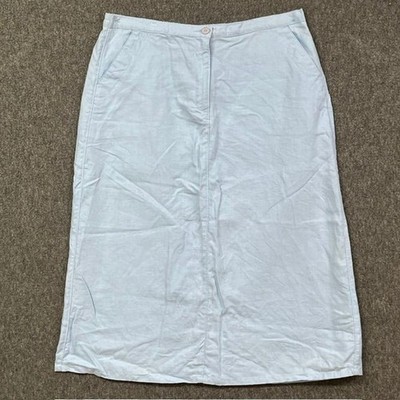 LL Bean 100% Linen Skirt Womens 16 Light Blue Straight Midi Pockets Elastic Back