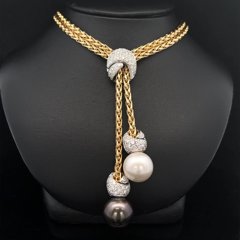 Craig Drake 18k Gold Pearl & Diamond Dual Wheat Link Lariat DropNecklace - Image 3 of 4