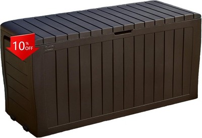 71-Gallon Resin Outdoor Storage Bin, Holds Cushions and Pillows, Brown