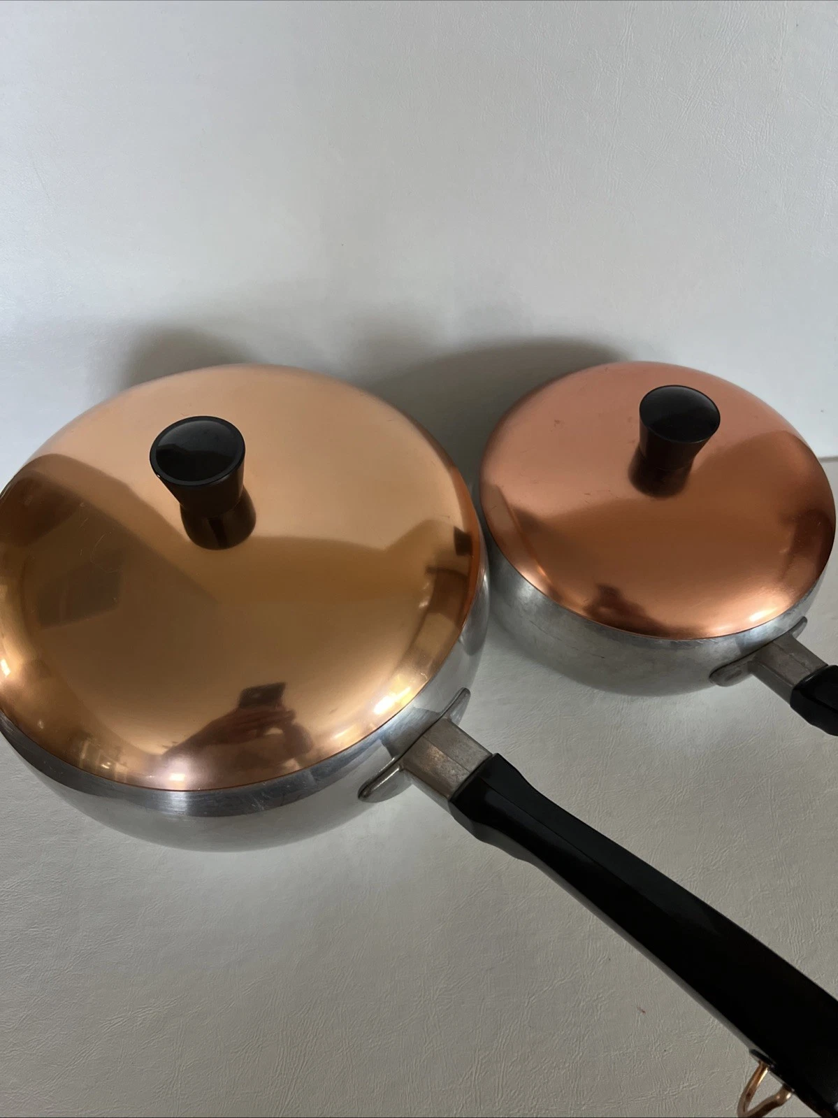 2 Vintage MCM Wear-Ever Hallite Aluminum Pots ~ CopperTone Lids ~ 1.5 And 3.5 qt