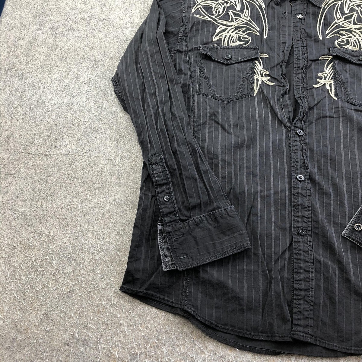 ROAR Shirt Mens Large Black Stripe Long Sleeve Embroidered Western 