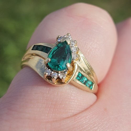10K Yellow Gold Diamond Lab Created Emerald Bypass Cocktail Ring Size 5.5 - Picture 7 of 18
