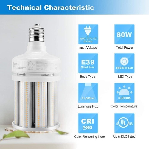 E39 80W LED Retrofit Corn Bulbs 12,000Lm Warehouse High Bay Light 5000K Daylight - Picture 6 of 10