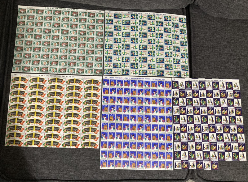 Lot of American Lung Association Christmas Seals. 1950's-60's  5 sheets -4 seals