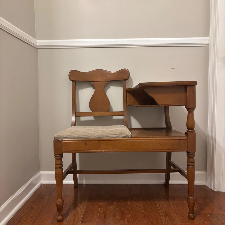 Vintage Gossip Bench Wooden Chair Desk Storage Shelf Telephone Table Tan cushion - Image 4 of 4