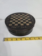 Frye's Measure Mill Round Shaker Checkerboard Box With Game Pieces