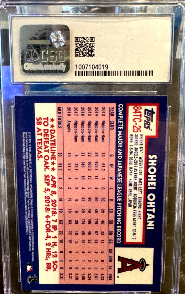 2019 Topps Chrome *CSG MINT 9 Shohei Ohtani - 1984 Topps - #84TC-25 Refractor... - Image 2 of 2