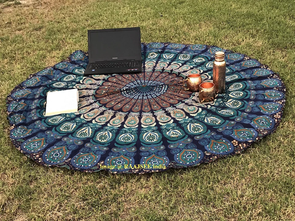Cobertor hippie Raajsee redondo tapeçaria de praia turquesa mandala lance/boho - Imagem 4 de 4