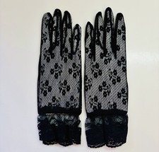 Vtg New Old Stock Black Lace Evening Gloves Mesh Wrist Ruffle Goth Costume