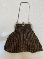 Antique Art Deco Clasp Gold Frame Black Copperish Iridescent Bead Lined Purse