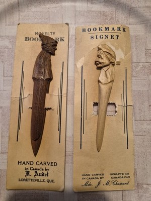 Vtg set/2 Hand-Carved Wooden Bookmark Canadian R. Audet Chamard Quebec Folk Art