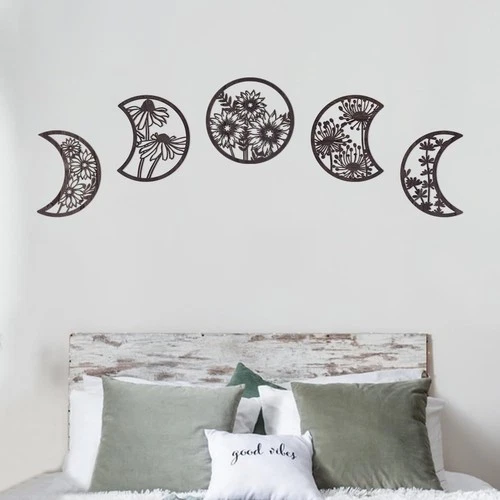 Moon Phase Wooden Wall Decorations 5pc Floral Hanging Ornaments with Stickers
