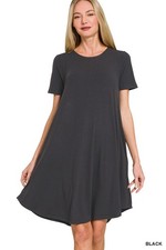 Zenana Short Sleeve Round Hem A-Line Dress with Side Pockets - Medium