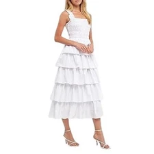 English Factory White Tiered Midi Dress Sleeveless Smocked Summer Dress Size S