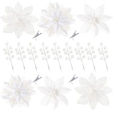 30 Pcs 3 Styles Christmas Glitter Poinsettia Flowers Artificial Picks Christm...