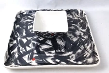 MACY'S CELLAR 12" Square PLATE & Bowl Hand Painted Black and white Italy