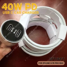 Dual Type C PD Fast 40W Car Charger Adapter Cord For iPhone 17 16 15 14 13 12 11