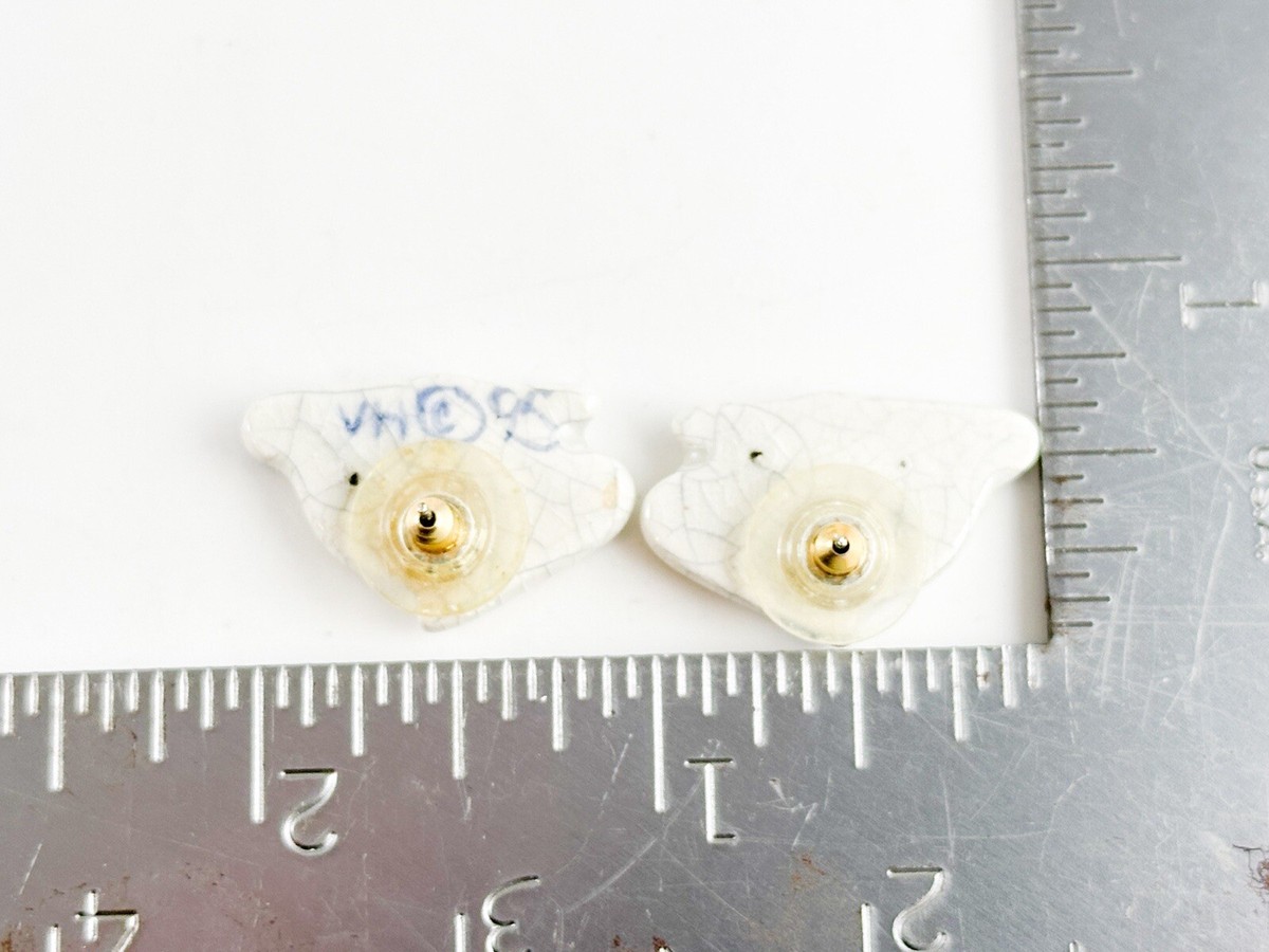 Vintage Delft Post Earrings Bunny Rabbits Hand Painted Porcelain Shard Signed AE View 3