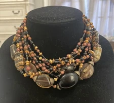 Vintage Brown Black Boho Multi Layered Beaded Choker Collar Statement Necklace 