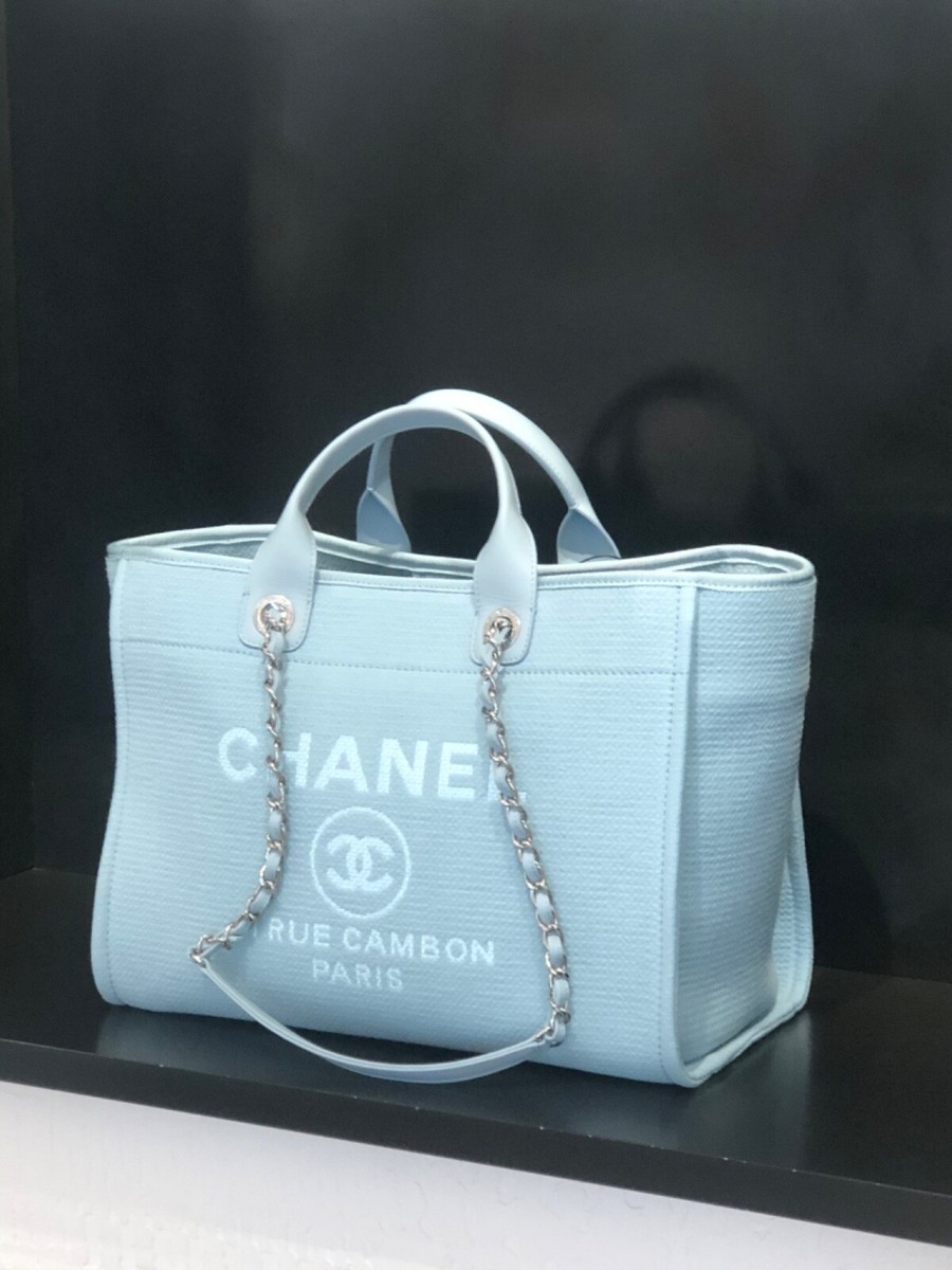 New 22B CHANEL Blue LARGE Shopping Deauville Tote with Small Pouch