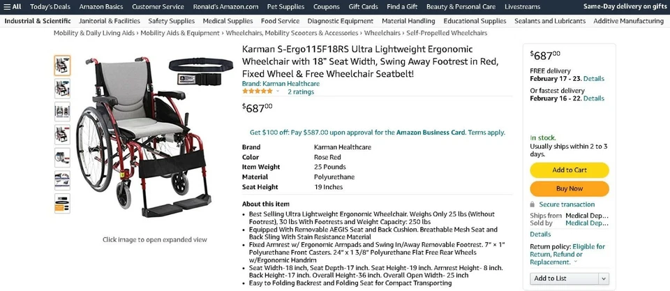 Silla de ruedas ergonómica ultraligera Karman (Amazon: $687) - Recogida local Foto 2 de 4