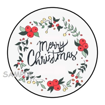 30 MERRY CHRISTMAS ENVELOPE SEALS LABELS STICKERS 1.5" ROUND WREATH ...