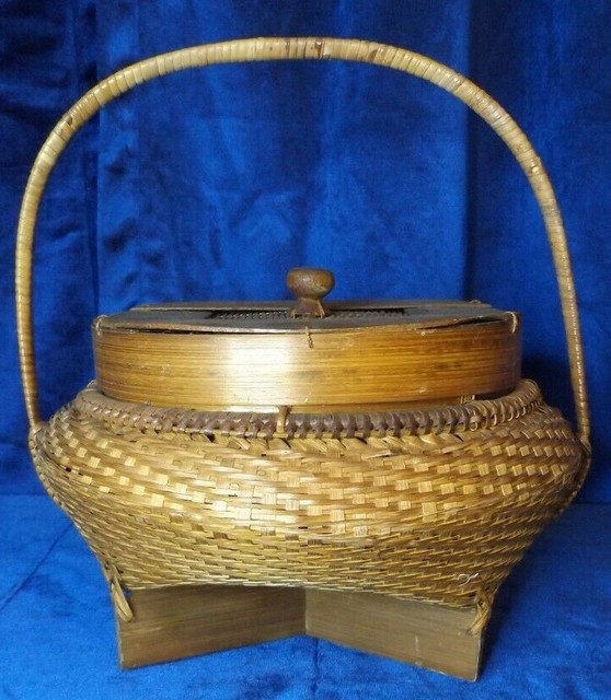 Vintage Japanese Asian Woven Bamboo Wood Basket with Lid wedding tea