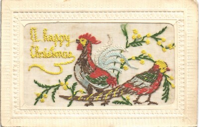 1. Weltkrieg bestickte Seide. Frohe Weihnachten. Huhn.