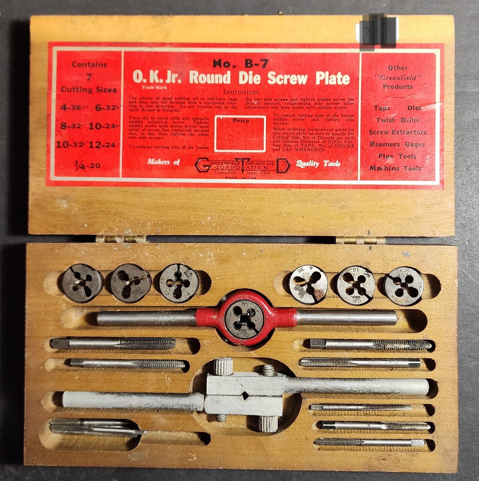 Vintage GREENFIELD OK JR ROUND DIE SCREW PLATE TAP & DIE SET No. B7