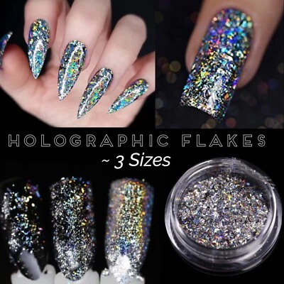 EX4IM LTD Holographic Nail Flakes 3 Sizes Chrome Silver Shiny Flake Unicorn Powder Rainbow