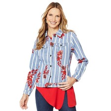 Dg By Diane Gillam Stretch Striped Denim Jacket W/ Floral Prints Women Sz Xl
