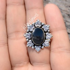 Natural Black Onyx Gemstone 925 Sterling Silver Ring Birthday Present Jewelry