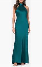 Xscape Teal Satin Halter Maxi Gown Open Back Formal Dress Size 12 NWT GALA MOB