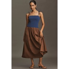 New Anthropologie Square-Neck Twofer Midi Dress $158 X-LARGE Navy/Brown