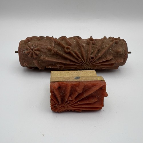 Patterned Paint Roller Wood-Mounted Stamp Pair Sunburst Design Starburst Vintage