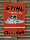 LARGE VINTAGE  STIHL DEALERSHIP PORCELAIN DOUBLE-SIDED CHAINSAW SIGN 30 X 20