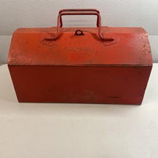 Vintage HALFORDS Small Red Metal Barn Style Tool Box with tray Portable @DG