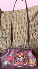 Ed Hardy Brown Pink Tattoo Tiger Kiss Lock Shoulder Bag with Logo Applique