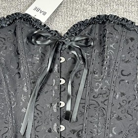 Vaacodor Corset Top Womens M Black Jacquard Lace Up Overbust Ruffle Goth Sexy