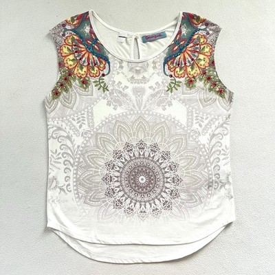 Desigual Basic Vest Floral Multicolor Sequin White Boho Scoop Cap Sleeve Shirt L
