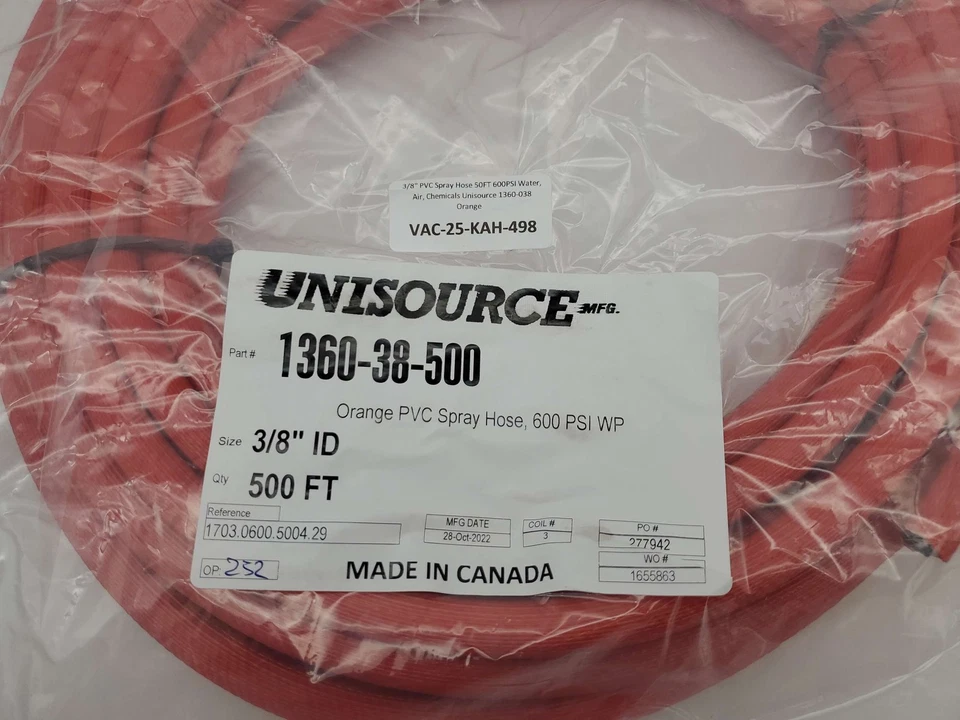 3/8" PVC Spray Hose 50FT 600PSI Water, Air, Chemicals Unisource 1360-038 Orange - Image 4 of 4