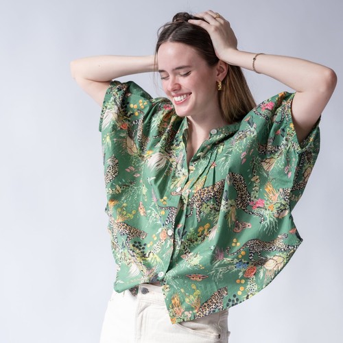 Betsy Olmsted Studio Shirt Felidae Tree Green Leopard Jungle Print Oversized Top