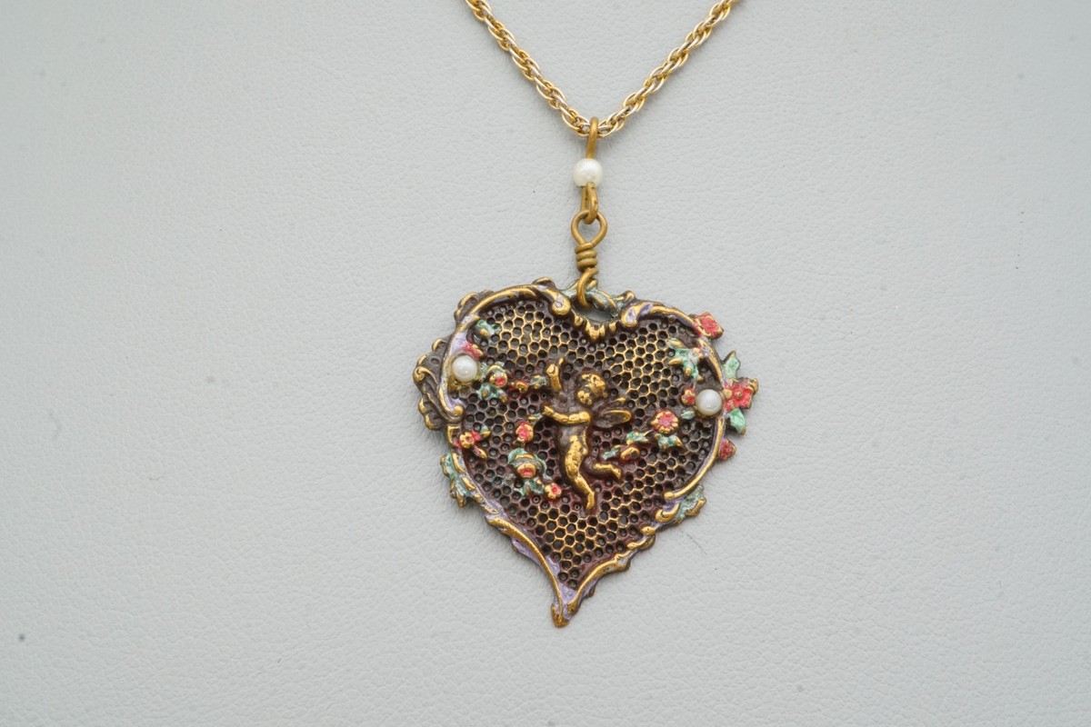 Vintage Pididdly Links Necklace Brass Tone Cupid Heart 18