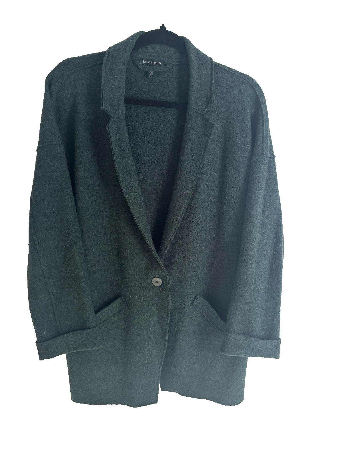 Eileen Fisher 100% Wool Olive Green Blazer Cardigan Sweater M/L Classic Cozy