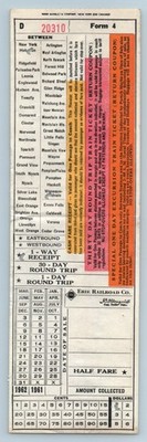 Erie Railroad Co um 1961 Bargeldtarif Hin- und Rückfahrt Zug Quittung Ticket #20310